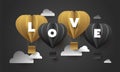 Letter love with heart balloons on black background. ValentineÃ¢â¬â¢s day love invitation card. Vector illustration, paper cut or Royalty Free Stock Photo